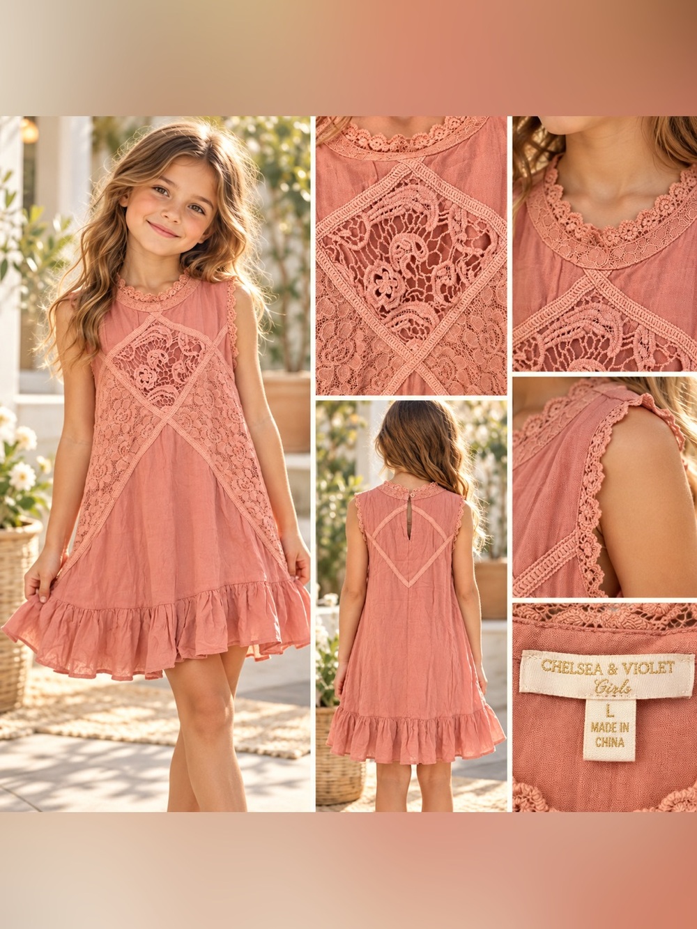 Chelsea & Violet Girls Lace Boho Dress Size L Dusty Rose Crochet Ruffle Hem